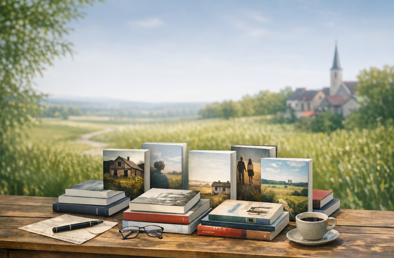 Holztisch mit Büchern und Dorf im Hintergrund