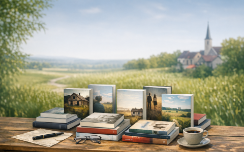 Holztisch mit Büchern und Dorf im Hintergrund